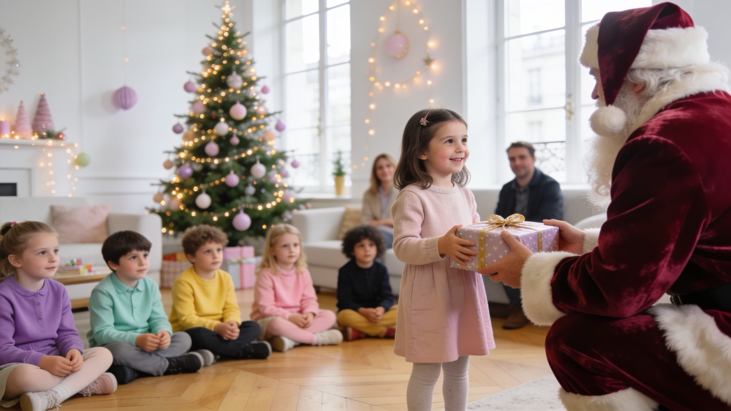 Le père Noël remet un cadeau à une petite fille devant les enfants assis