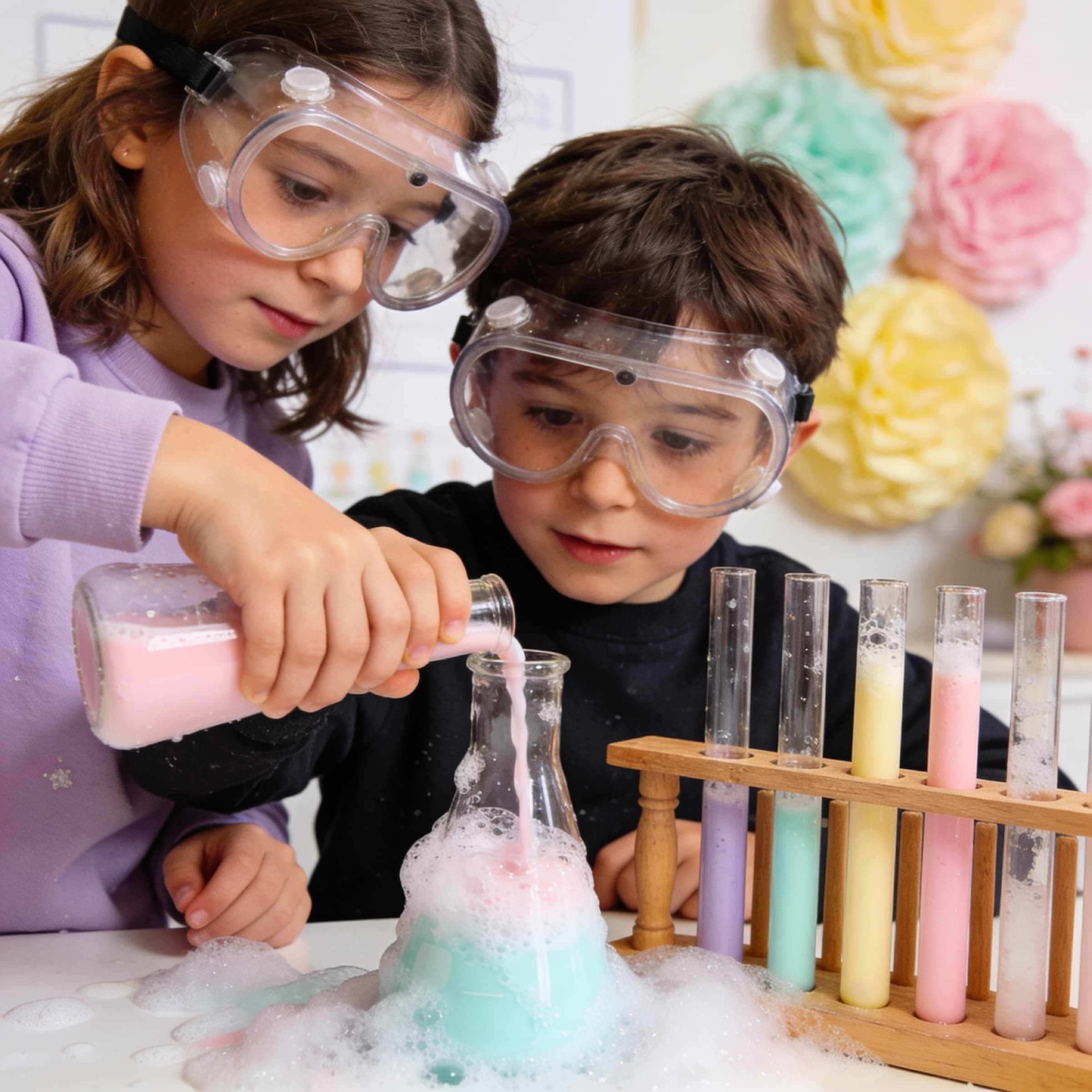 Deux enfants en lunettes de protection versent un liquide coloré dans une fiole