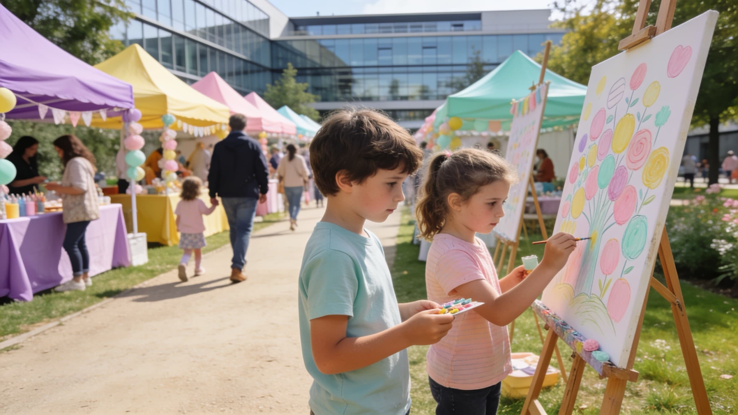 Deux enfants peignent des fleurs pastel sur une toile posée sur un chevalet, devant des stands colorés installés au pied d’un immeuble de bureaux vitré