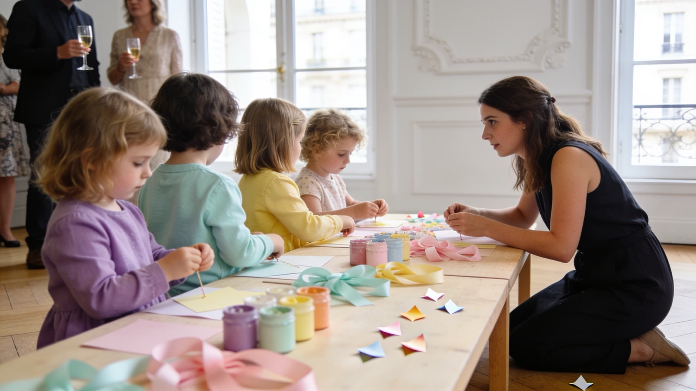 Un coin enfants installé dans un salon de réception parisien : cinq enfants bricolent avec une animatrice pendant que les invités discutent