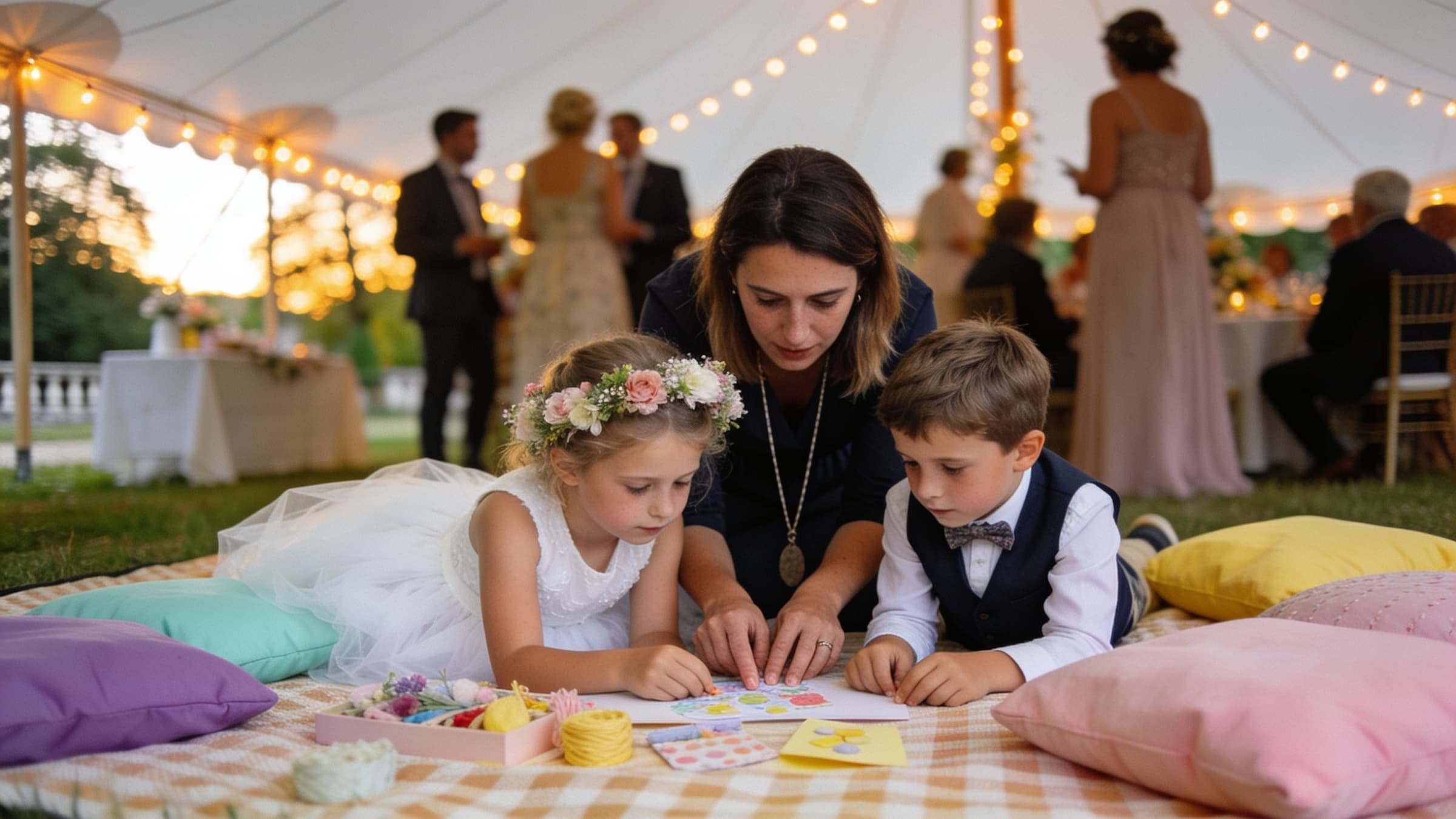 Une demoiselle d’honneur et un page font un atelier sous une tente de mariage